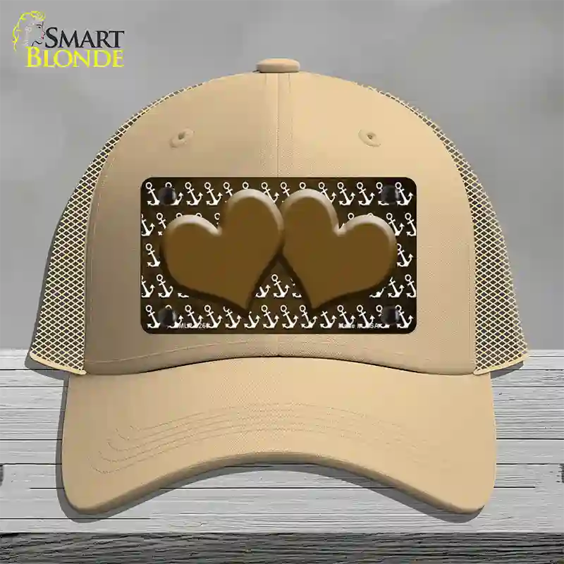 Brown White Anchor Hearts Oil Rubbed Novelty License Plate Hat Mesh / Khaki