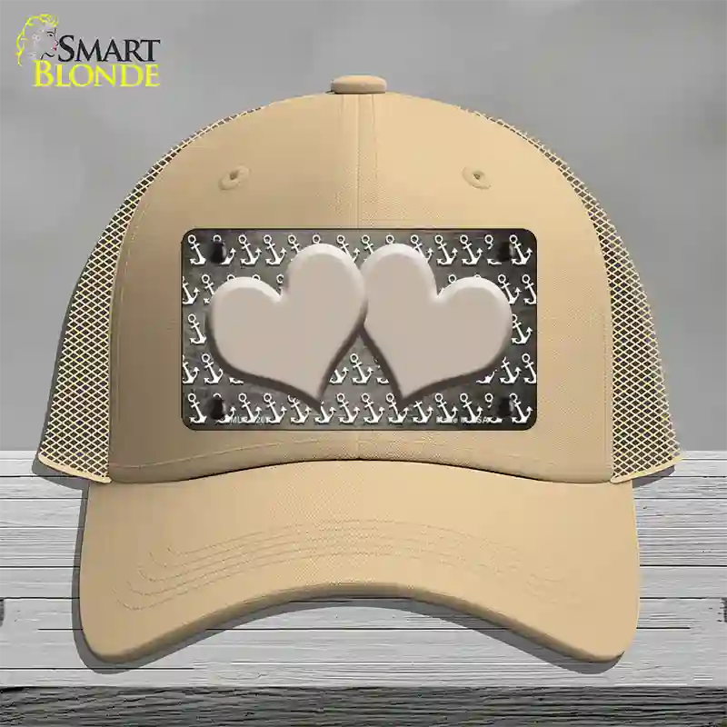 Tan White Anchor Hearts Oil Rubbed Novelty License Plate Hat Mesh / Khaki