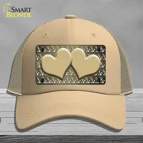 Gold White Anchor Hearts Oil Rubbed Novelty License Plate Hat Mesh / Khaki