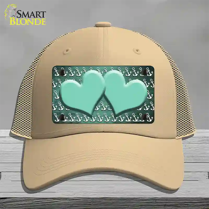 Mint White Anchor Hearts Oil Rubbed Novelty License Plate Hat Mesh / Khaki