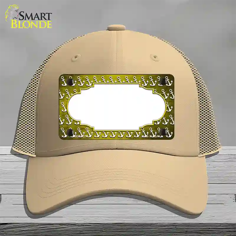 Yellow White Anchor Scallop Oil Rubbed Novelty License Plate Hat Mesh / Khaki