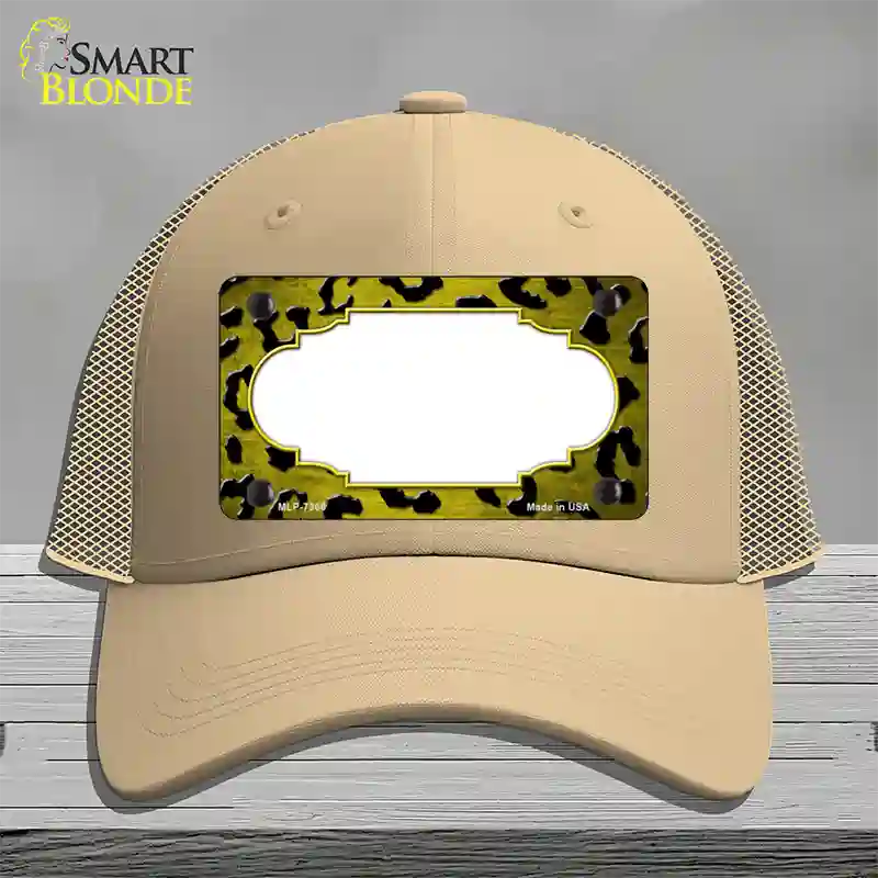 Yellow Black Cheetah Scallop Oil Rubbed Novelty License Plate Hat Mesh / Khaki