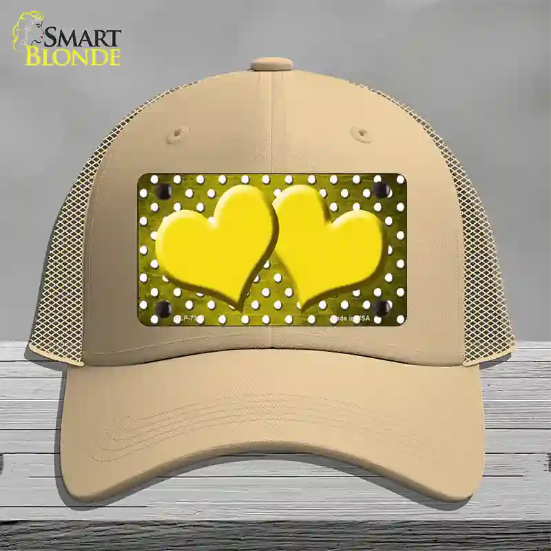 Yellow White Small Dots Hearts Oil Rubbed Novelty License Plate Hat Mesh / Khaki