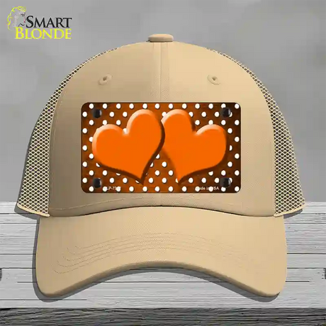 Orange White Small Dots Hearts Oil Rubbed Novelty License Plate Hat Mesh / Khaki