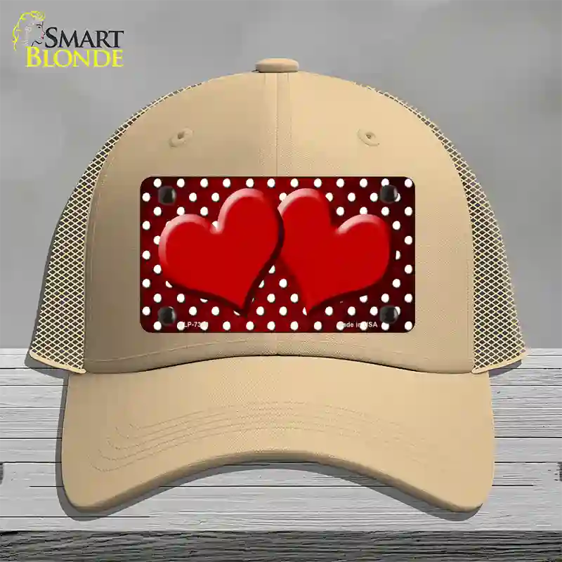 Red White Small Dots Hearts Oil Rubbed Novelty License Plate Hat Mesh / Khaki