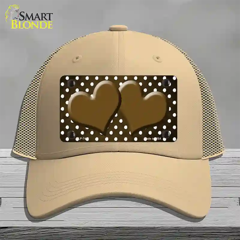 Brown White Small Dots Hearts Oil Rubbed Novelty License Plate Hat Mesh / Khaki