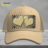 Gold White Small Dots Hearts Oil Rubbed Novelty License Plate Hat Mesh / Khaki