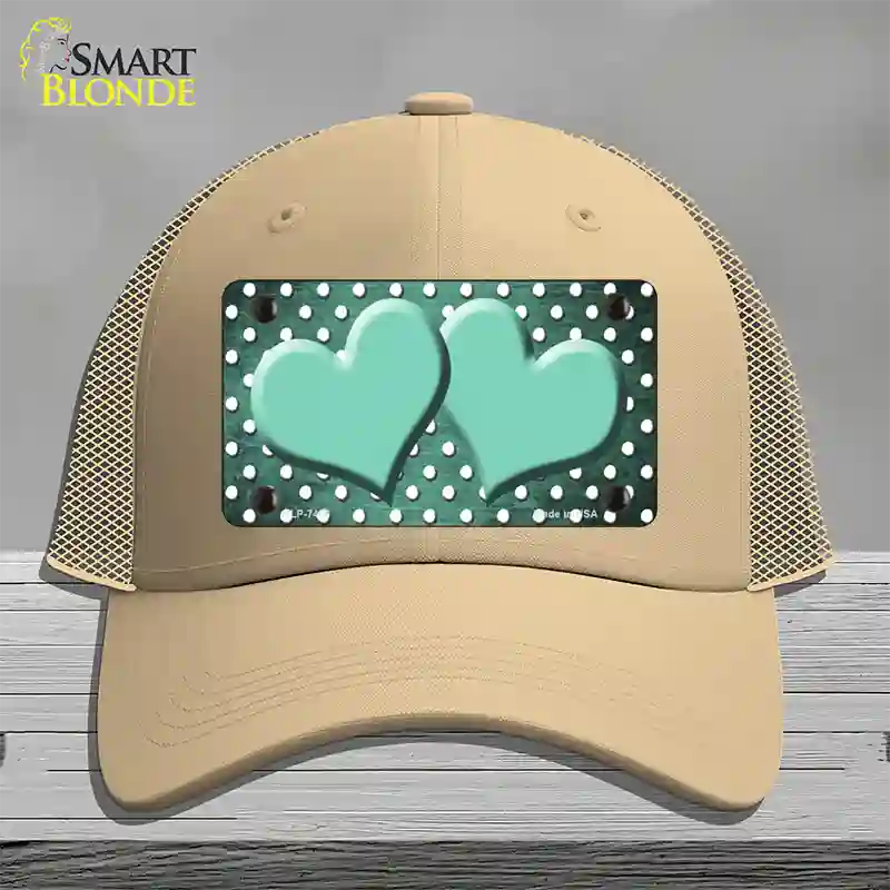 Mint White Small Dots Hearts Oil Rubbed Novelty License Plate Hat Mesh / Khaki