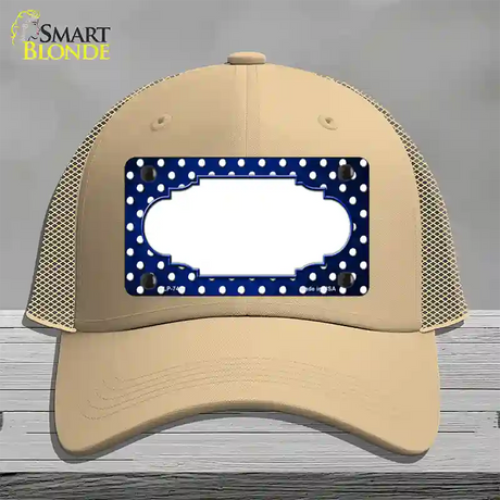 Blue White Small Dots Scallop Oil Rubbed Novelty License Plate Hat Mesh / Khaki