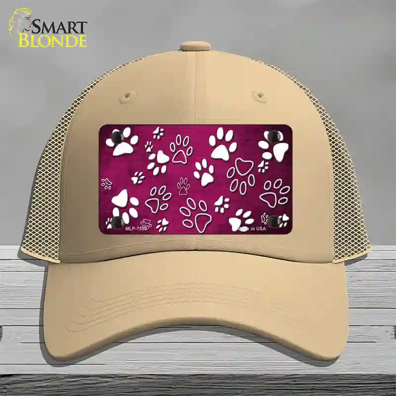 Pink White Paw Oil Rubbed Novelty License Plate Hat Mesh / Khaki