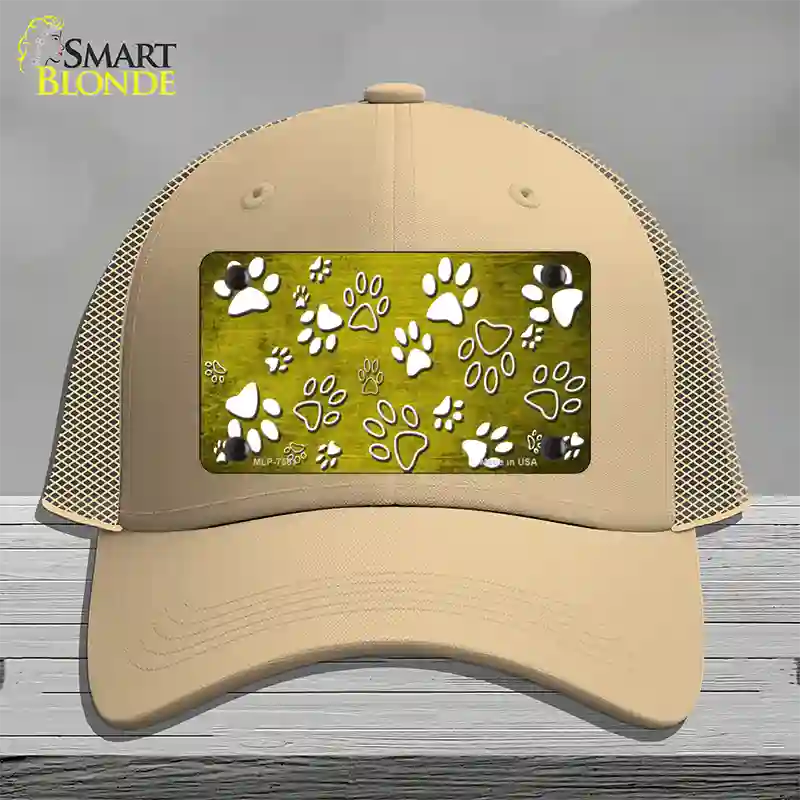 Yellow White Paw Oil Rubbed Novelty License Plate Hat Mesh / Khaki