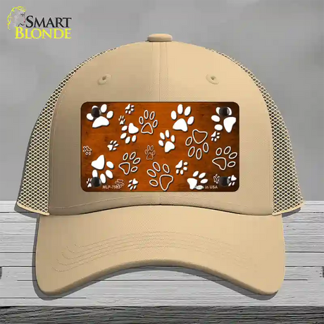 Orange White Paw Oil Rubbed Novelty License Plate Hat Mesh / Khaki