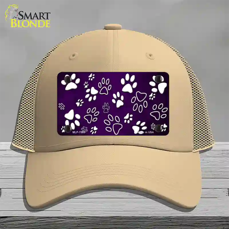 Purple White Paw Oil Rubbed Novelty License Plate Hat Mesh / Khaki