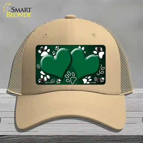 Paw Heart Green White Novelty License Plate Hat Mesh / Khaki