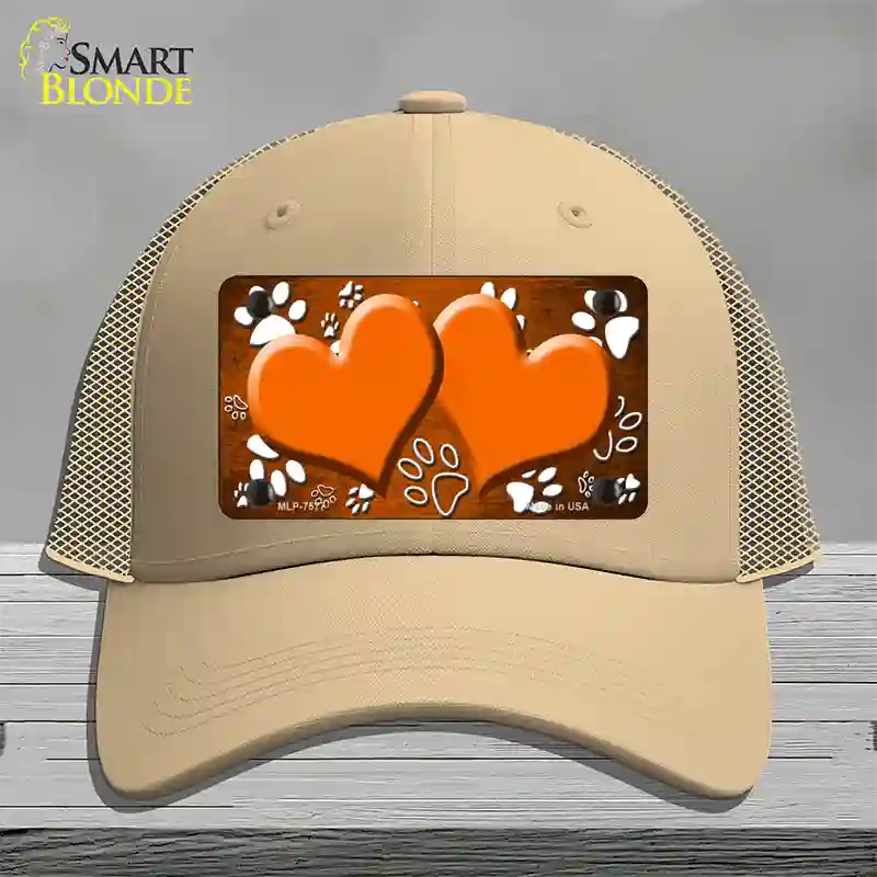 Paw Heart Orange White Novelty License Plate Hat Mesh / Khaki