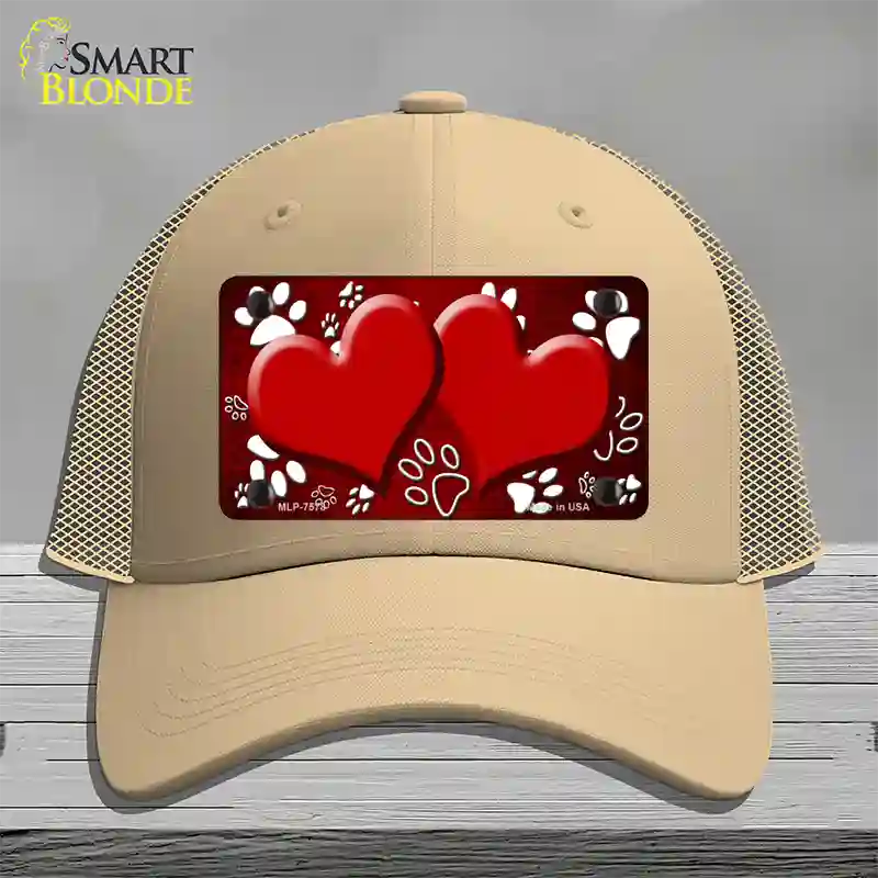 Paw Heart Red White Novelty License Plate Hat Mesh / Khaki