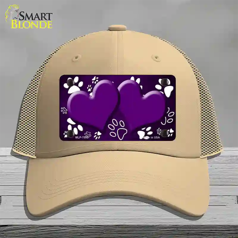 Paw Heart Purple White Novelty License Plate Hat Mesh / Khaki