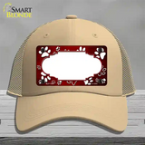 Paw Scallop Red White Novelty License Plate Hat Mesh / Khaki