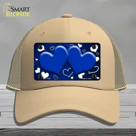 Blue White Love Hearts Oil Rubbed Novelty License Plate Hat Mesh / Khaki