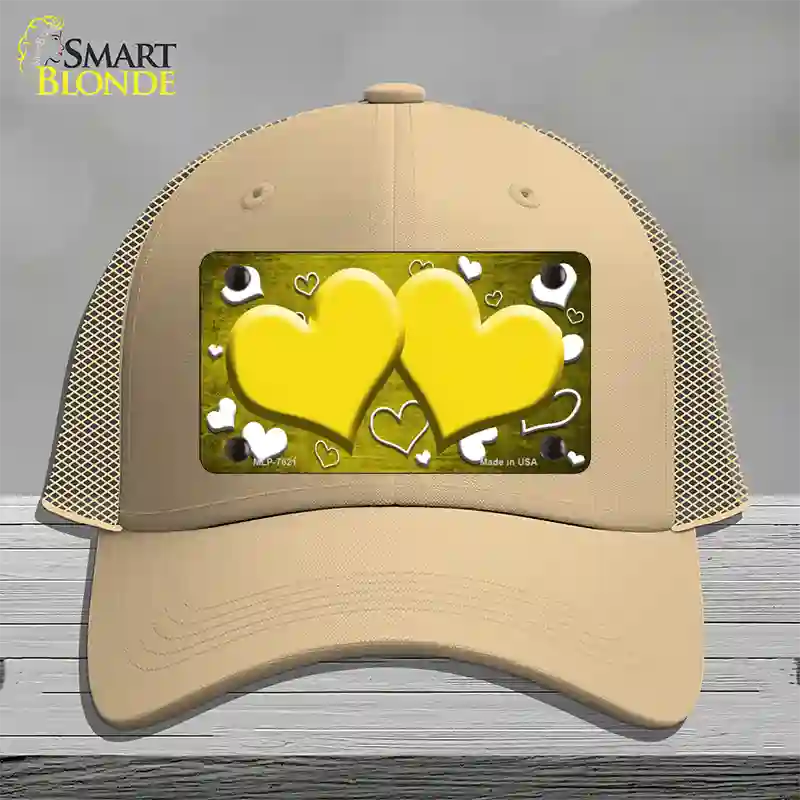 Yellow White Love Hearts Oil Rubbed Novelty License Plate Hat Mesh / Khaki