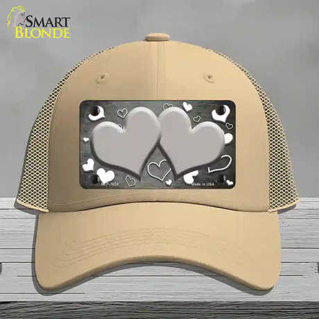 Gray White Love Hearts Oil Rubbed Novelty License Plate Hat Mesh / Khaki