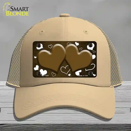 Brown White Love Hearts Oil Rubbed Novelty License Plate Hat Mesh / Khaki