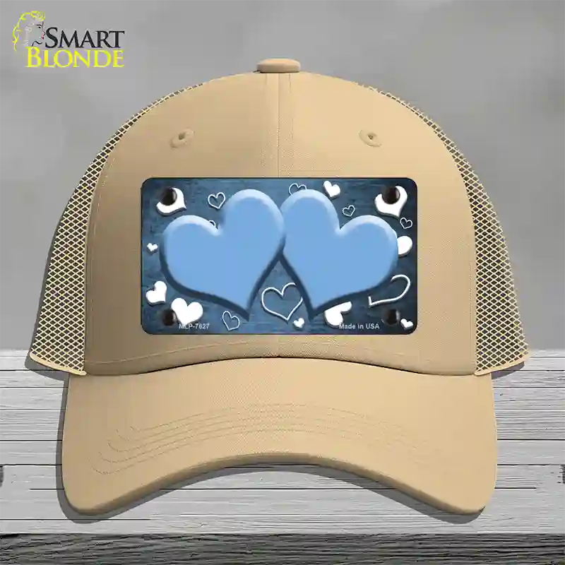 Light Blue White Love Hearts Oil Rubbed Novelty License Plate Hat Mesh / Khaki