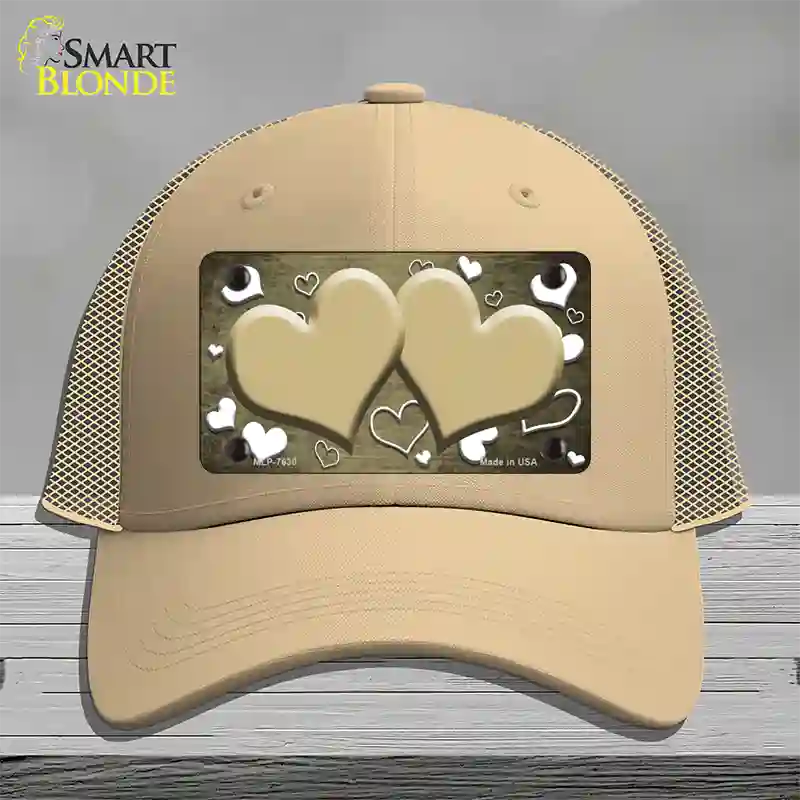 Gold White Love Hearts Oil Rubbed Novelty License Plate Hat Mesh / Khaki