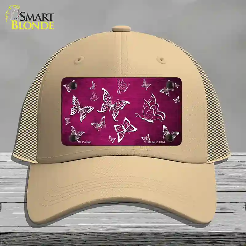 Pink White Butterfly Oil Rubbed Novelty License Plate Hat Mesh / Khaki