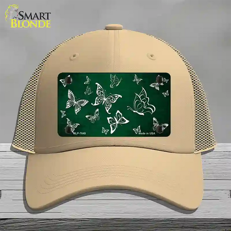 Green White Butterfly Oil Rubbed Novelty License Plate Hat Mesh / Khaki