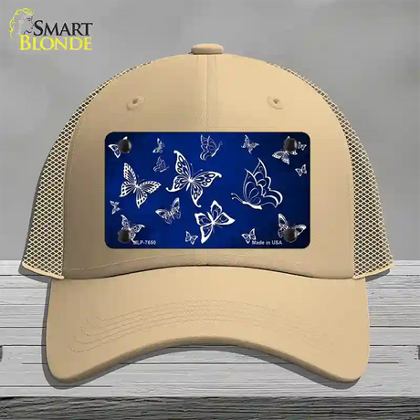 Blue White Butterfly Oil Rubbed Novelty License Plate Hat Mesh / Khaki