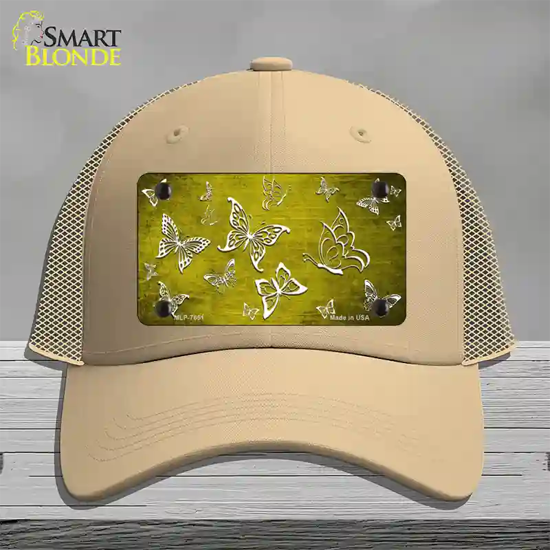 Yellow White Butterfly Oil Rubbed Novelty License Plate Hat Mesh / Khaki