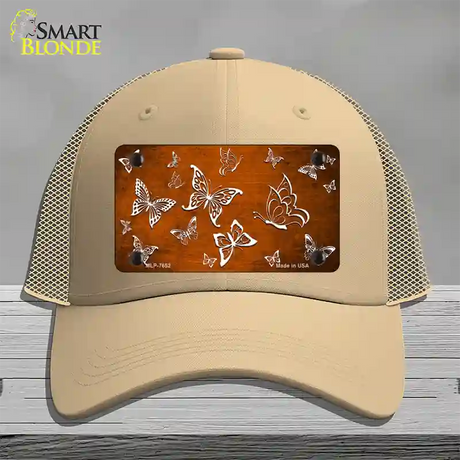 Orange White Butterfly Oil Rubbed Novelty License Plate Hat Mesh / Khaki