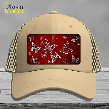 Red White Butterfly Oil Rubbed Novelty License Plate Hat Mesh / Khaki