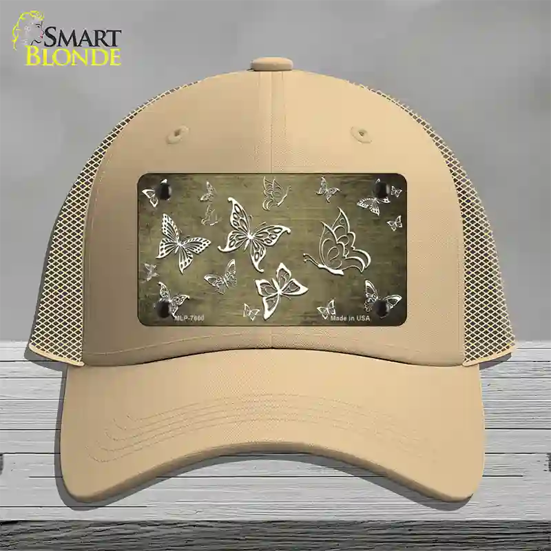 Gold White Butterfly Oil Rubbed Novelty License Plate Hat Mesh / Khaki