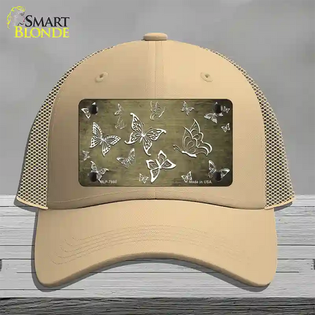 Gold White Butterfly Oil Rubbed Novelty License Plate Hat Mesh / Khaki