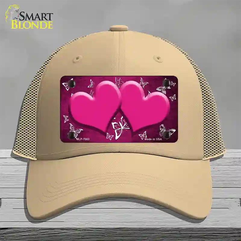 Pink White Hearts Butterfly Oil Rubbed Novelty License Plate Hat Mesh / Khaki