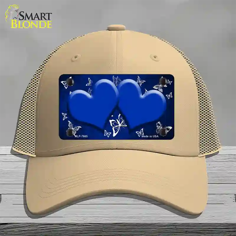 Blue White Hearts Butterfly Oil Rubbed Novelty License Plate Hat Mesh / Khaki