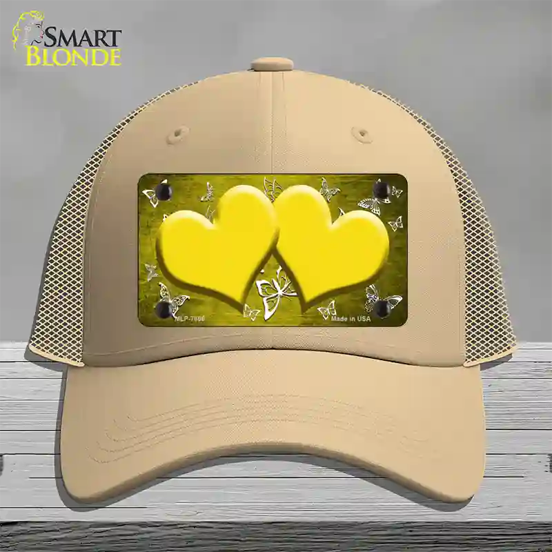 Yellow White Hearts Butterfly Oil Rubbed Novelty License Plate Hat Mesh / Khaki