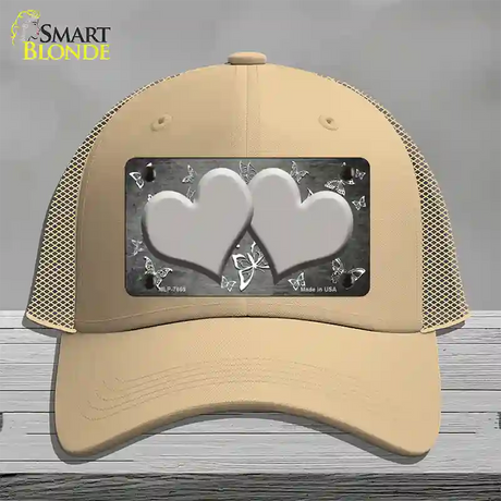 Gray White Hearts Butterfly Oil Rubbed Novelty License Plate Hat Mesh / Khaki