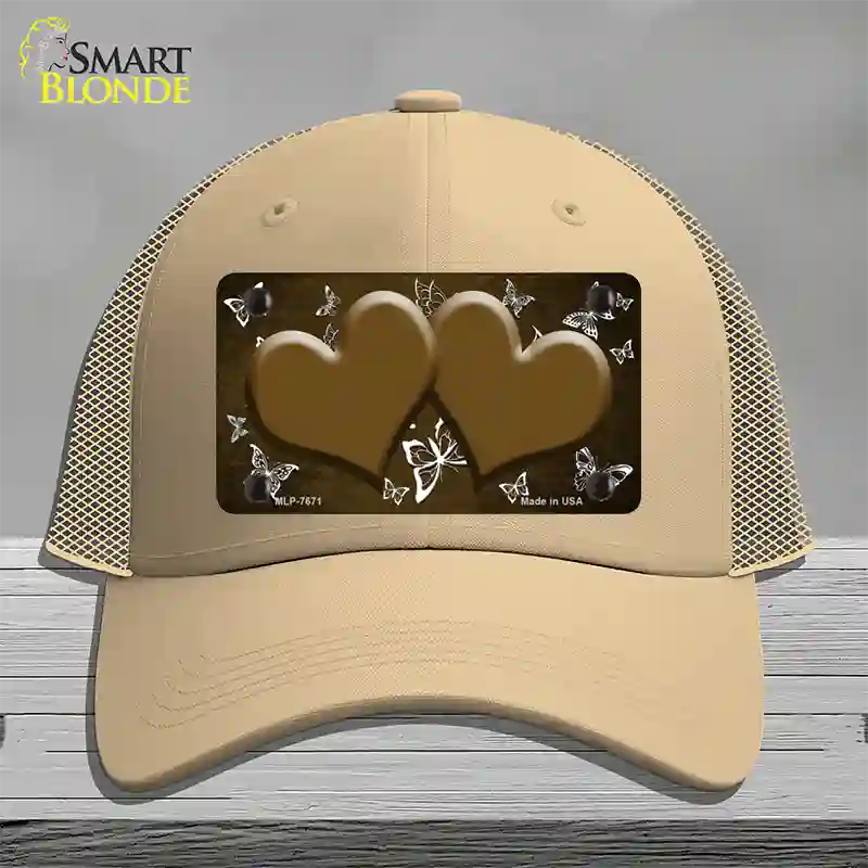 Brown White Hearts Butterfly Oil Rubbed Novelty License Plate Hat Mesh / Khaki