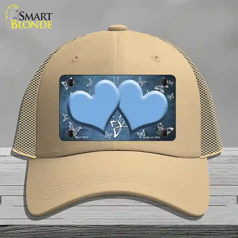 Light Blue White Hearts Butterfly Oil Rubbed Novelty License Plate Hat Mesh / Khaki