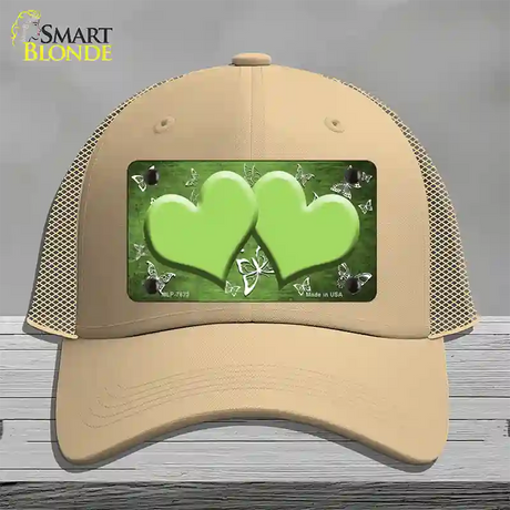 Lime Green White Hearts Butterfly Oil Rubbed Novelty License Plate Hat Mesh / Khaki