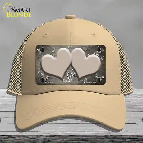 Tan White Hearts Butterfly Oil Rubbed Novelty License Plate Hat Mesh / Khaki