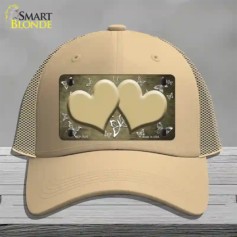 Gold White Hearts Butterfly Oil Rubbed Novelty License Plate Hat Mesh / Khaki