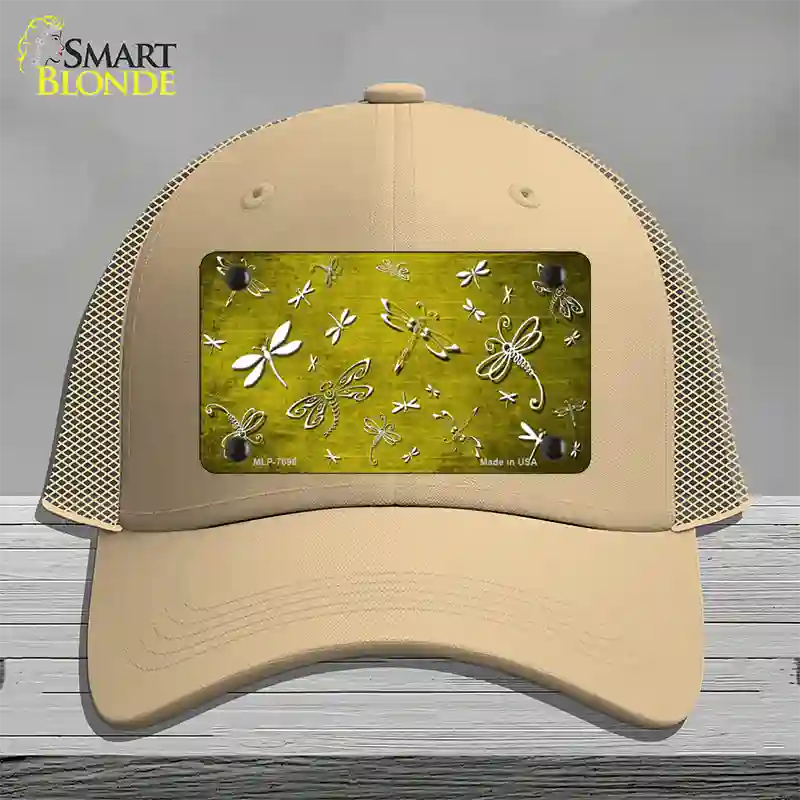 Yellow White Dragonfly Oil Rubbed Novelty License Plate Hat Mesh / Khaki