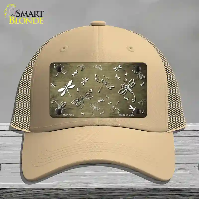 Gold White Dragonfly Oil Rubbed Novelty License Plate Hat Mesh / Khaki