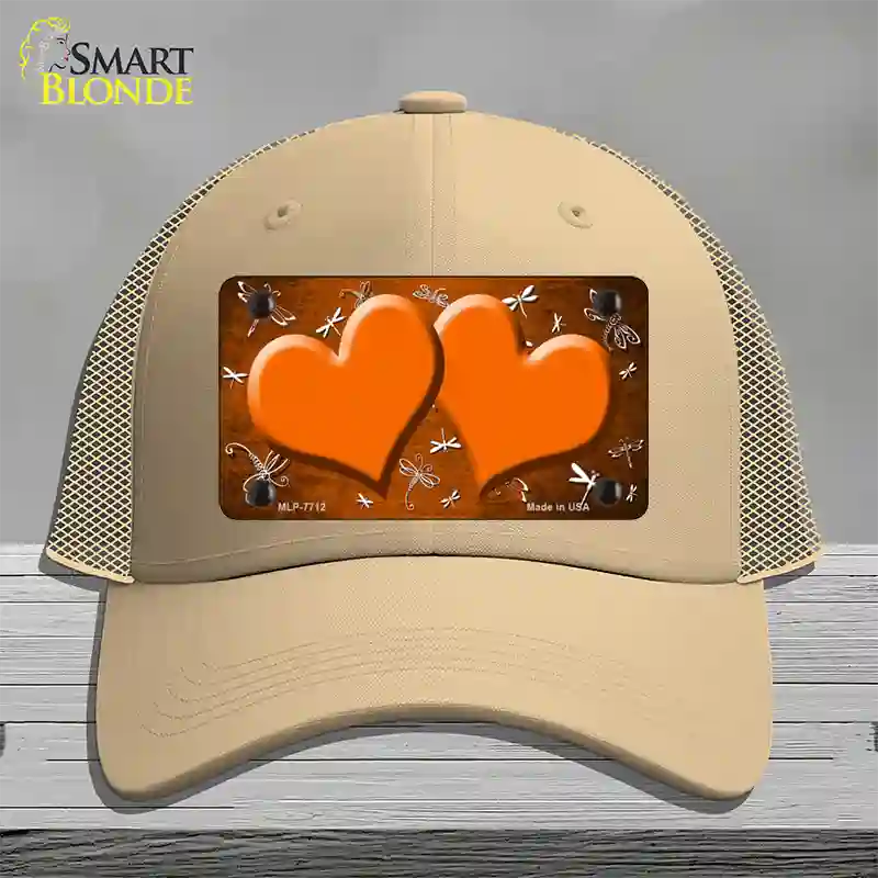 Orange White Dragonfly Hearts Oil Rubbed Novelty License Plate Hat Mesh / Khaki