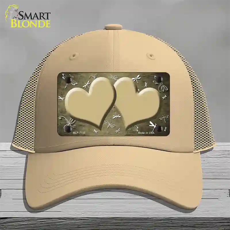 Gold White Dragonfly Hearts Oil Rubbed Novelty License Plate Hat Mesh / Khaki