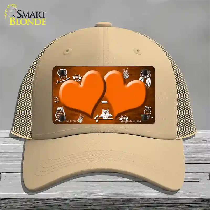 Orange White Owl Hearts Oil Rubbed Novelty License Plate Hat Mesh / Khaki